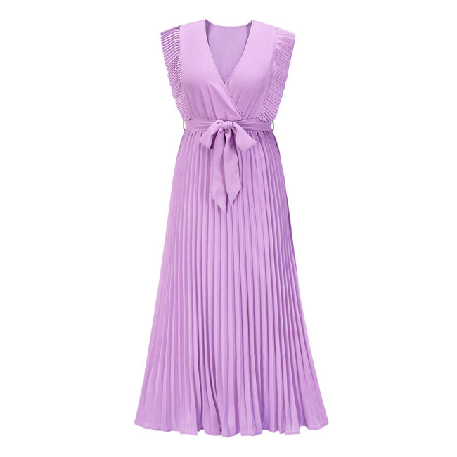 Women's Boho Dress V-Neck Ruffle Sleeve Solid Pleated Dress