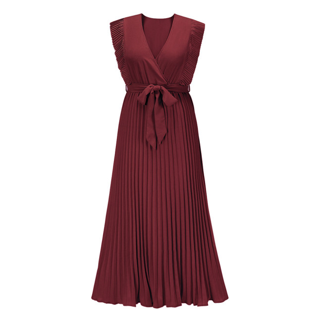 Women's Boho Dress V-Neck Ruffle Sleeve Solid Pleated Dress