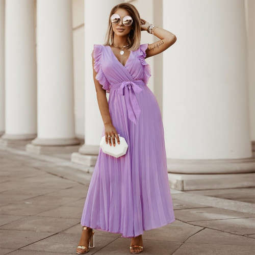 Women's Boho Dress V-Neck Ruffle Sleeve Solid Pleated Dress