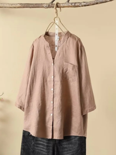 Women's V-Neck Mid-Sleeve Solid Single Breasted Cotton Linen Shirt Blouse