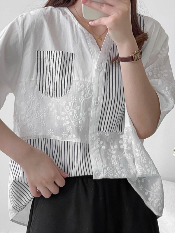 Women's V-Neck Embroidery Mid-Sleeve Solid Single Breasted Shirt Elegant Blouse