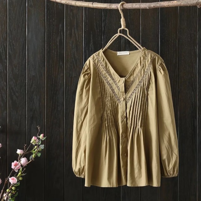 Women's V-Neck Mid-Sleeve Solid Pleated Shirt Blouse