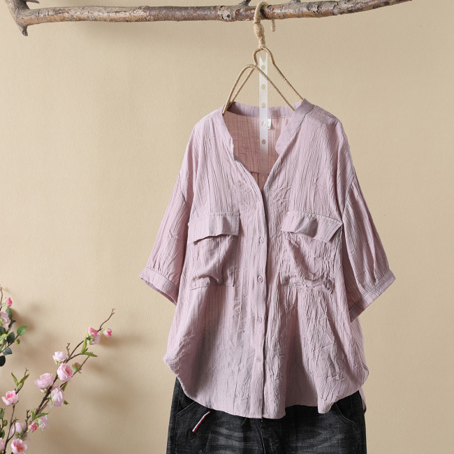 Women's V-Neck Mid-Sleeve Solid Single Breasted Cotton Linen Shirt Blouse with Pocket