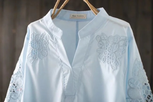 Women's V-Neck Embroidery Mid-Sleeve Solid Shirt Elegant Blouse