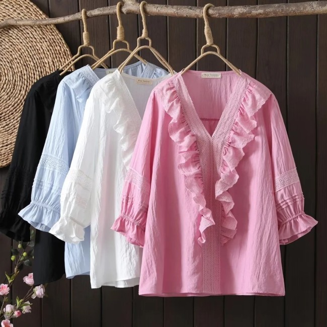Women's V-Neck Embroidery Mid-Sleeve Solid Pullover Shirt Elegant Blouse