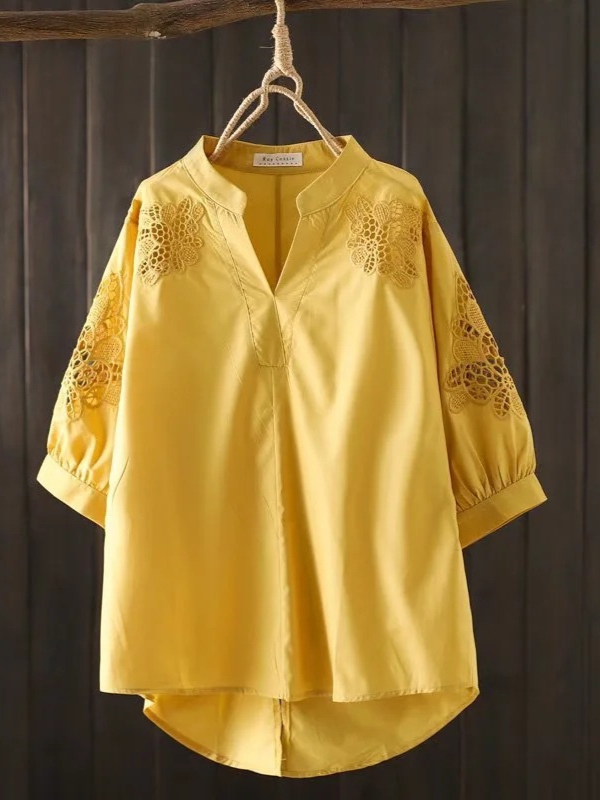Women's V-Neck Embroidery Mid-Sleeve Solid Shirt Elegant Blouse