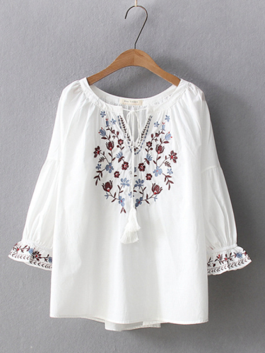 Women's V-Neck Mid-Sleeve Embroidery Floral Boho Shirt Blouse