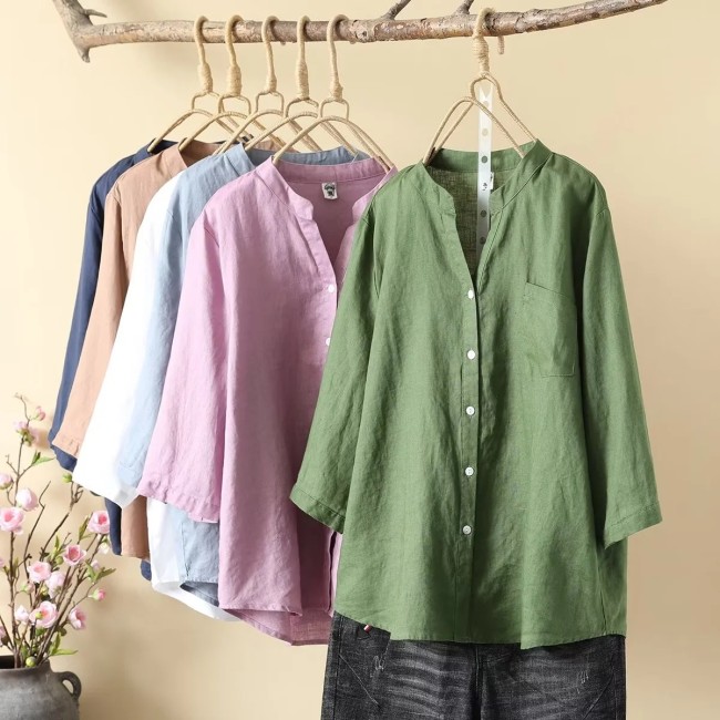 Women's V-Neck Mid-Sleeve Solid Single Breasted Cotton Linen Shirt Blouse