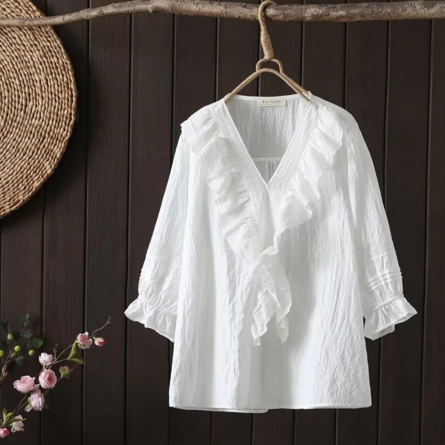 Women's V-Neck Embroidery Mid-Sleeve Solid Pullover Shirt Elegant Blouse