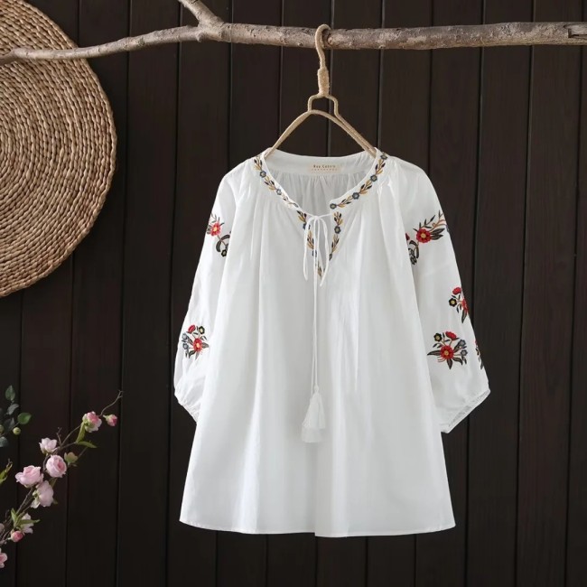 Women's V-Neck Embroidery Floral Mid-Sleeve Pullover Shirt Cotton Blouse