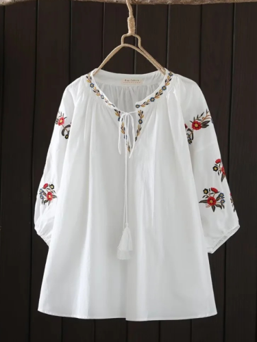 Women's V-Neck Embroidery Floral Mid-Sleeve Pullover Shirt Cotton Blouse