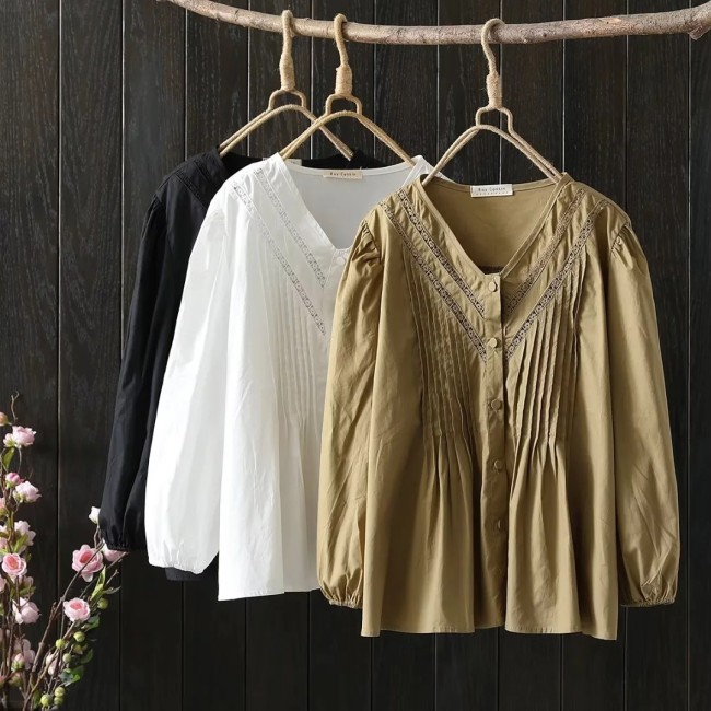 Women's V-Neck Mid-Sleeve Solid Pleated Shirt Blouse