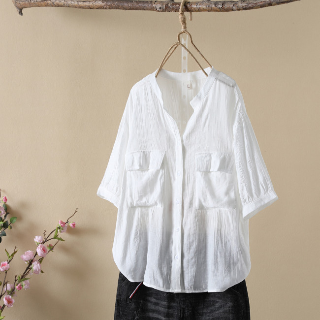 Women's V-Neck Mid-Sleeve Solid Single Breasted Cotton Linen Shirt Blouse with Pocket