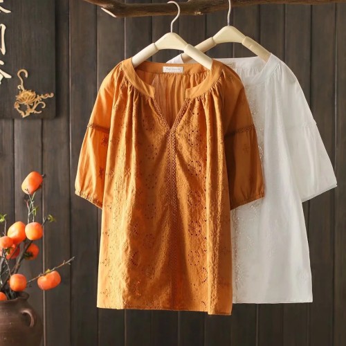 Women's V-Neck Embroidery Mid-Sleeve Solid Pullover Shirt Cotton Blouse