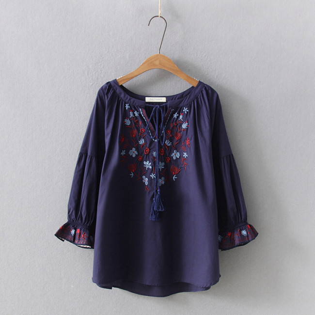 Women's V-Neck Mid-Sleeve Embroidery Floral Boho Shirt Blouse