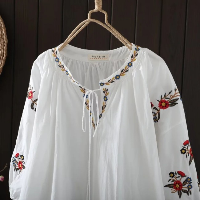 Women's V-Neck Embroidery Floral Mid-Sleeve Pullover Shirt Cotton Blouse