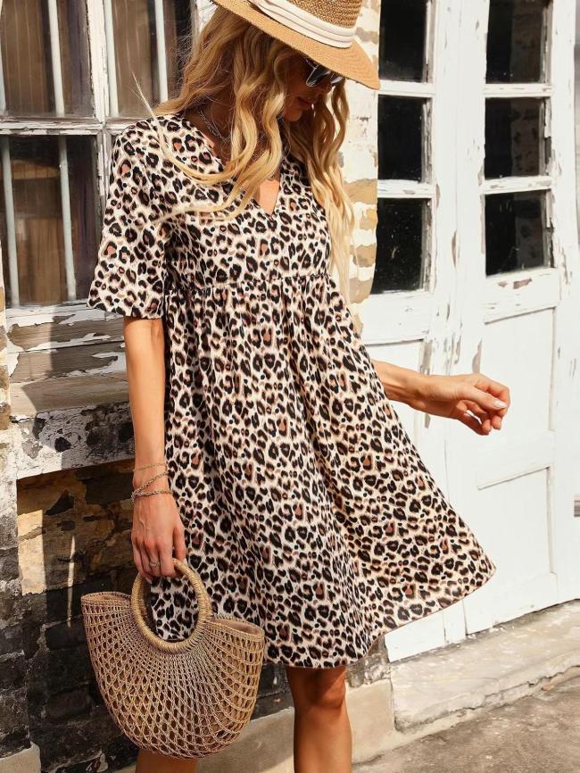 Women's V-Neck Short Sleeve Leopard Print A Line Mini Dress