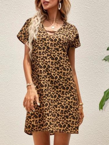 Women's V-Neck Short Sleeve Leopard Print A Line Mini Dress Summer Dress