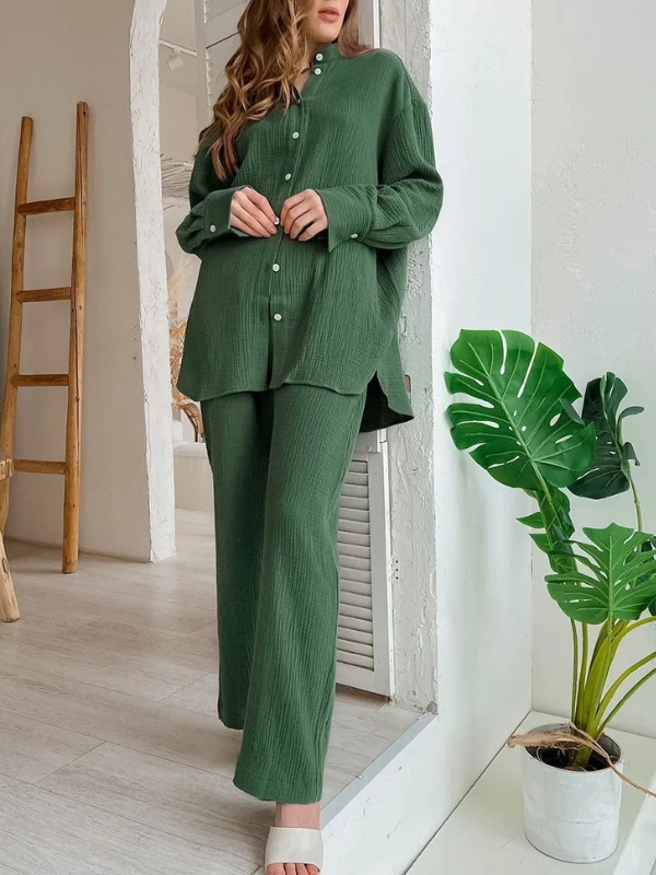 Women's 2Piece Set Long Sleeve Lapel Solid Shirt and Straight Long Pant