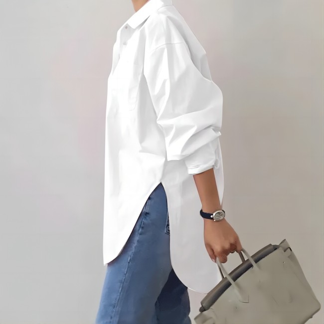 Women's Elegant Shirt Top Solid Color Lapel Long Sleeve Top