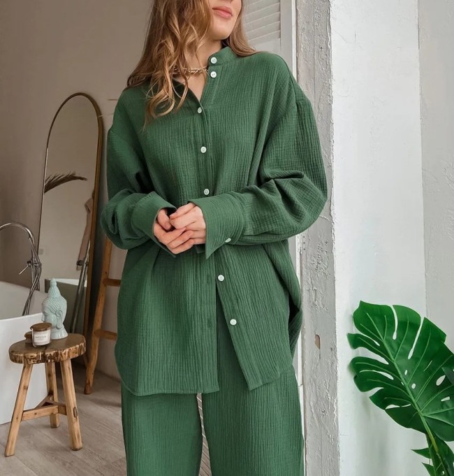 Women's 2Piece Set Long Sleeve Lapel Solid Shirt and Straight Long Pant