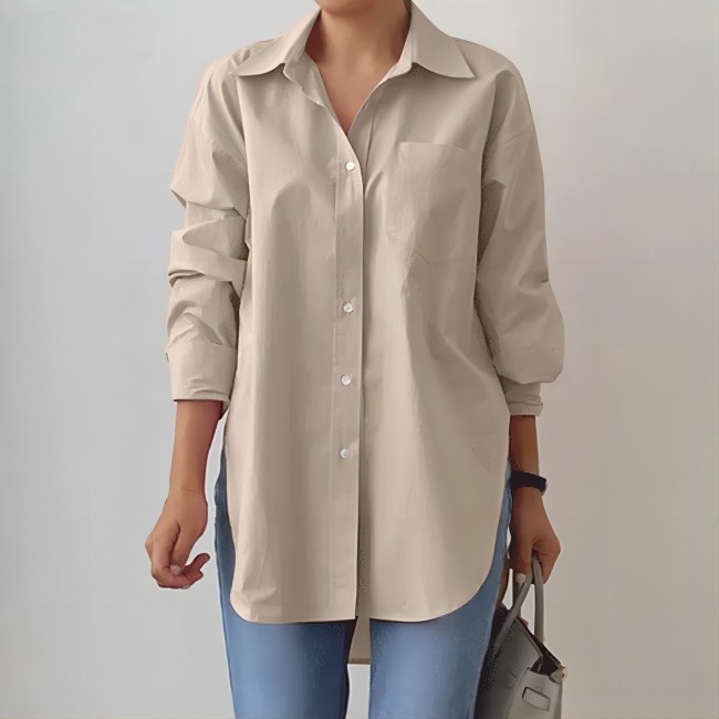 Women's Elegant Shirt Top Solid Color Lapel Long Sleeve Top