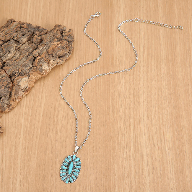 Retro Western Turquoise Pendant Necklace Tribal West Cowgirl Necklace