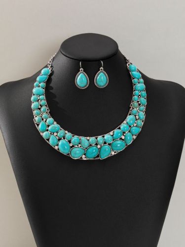 Vintage Ethnic Style Turquoise Jewelry Set Western Necklace and Earring