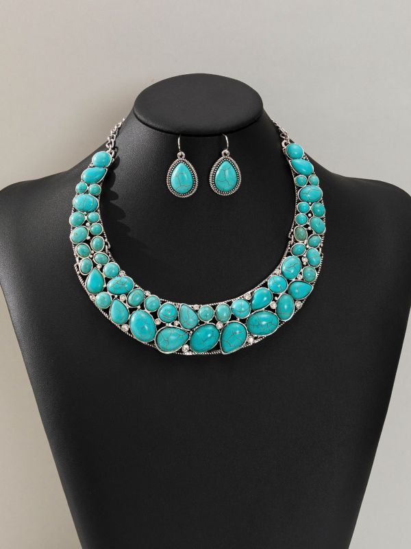 Vintage Ethnic Style Turquoise Jewelry Set Western Necklace and Earring