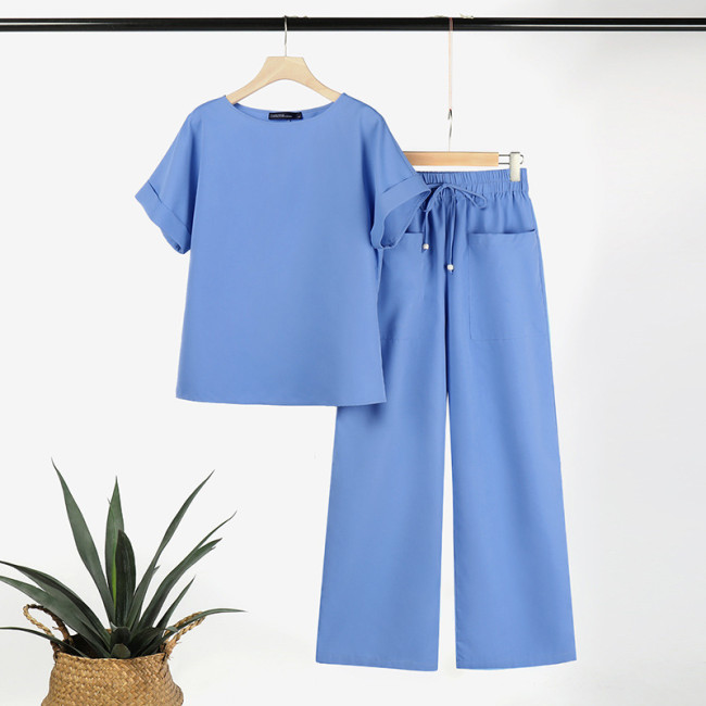 Women's 2Piece Set Short Sleeve Crew Neck Shirt and Straight Long Pant with Pocket