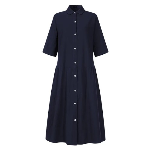 Women's Summer Holiday Dress Stand Collar Mid Sleeve Solid Midi Shirt Dress