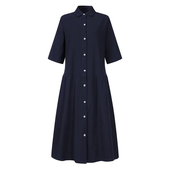Women's Summer Holiday Dress Stand Collar Mid Sleeve Solid Midi Shirt Dress