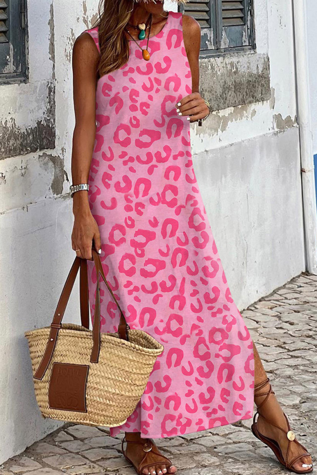 Women's Summer Dress Crew Neck Sleeveless Leopard Print Maxi Dress Beach Dress