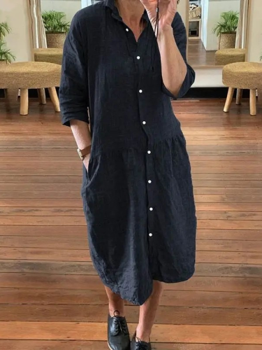 Women's Summer Holiday Dress Stand Collar Mid Sleeve Solid Midi Shirt Dress