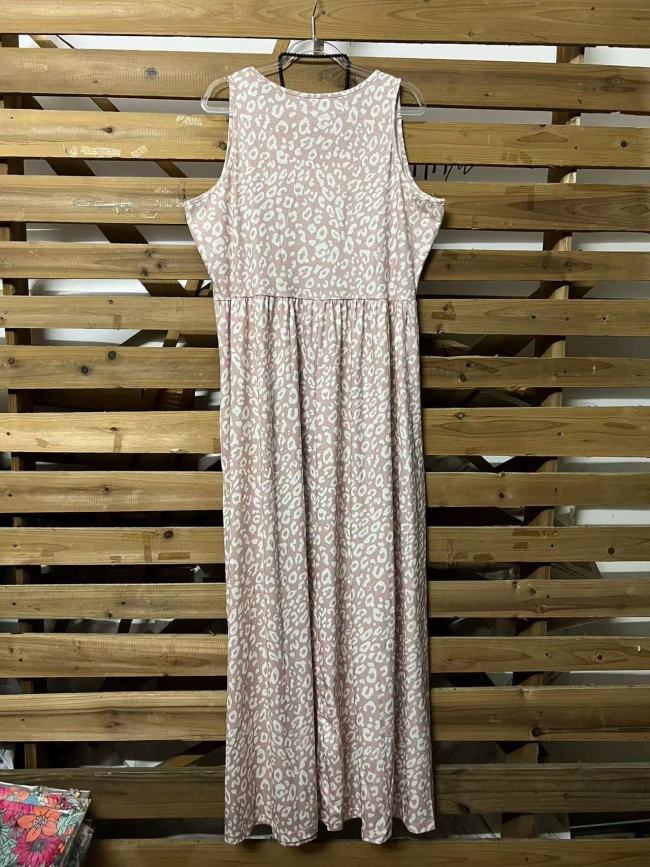 Women's Summer Holiday Dress Crew Neck Sleeveless Leopard Print Maxi Dress Beach Dress