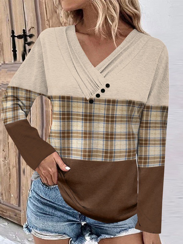 Women's 2024 Spring Vintage T-Shirt V-Neck Long Sleeve Pullover T-Shirt