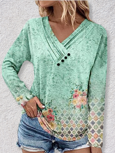 Women's 2024 Spring Vintage T-Shirt V-Neck Long Sleeve Floral Pullover T-Shirts 8Colors