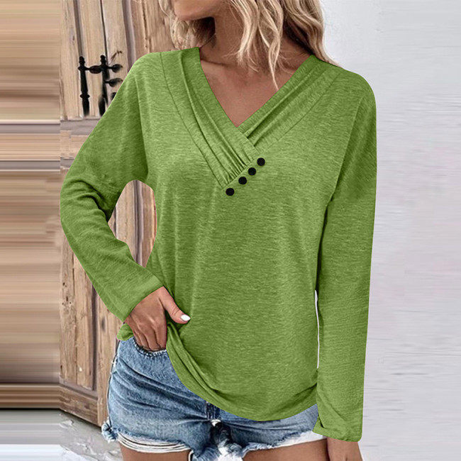 Women's 2024 Spring T-Shirt V-Neck Long Sleeve Solid Pullover T-Shirts 8Colors