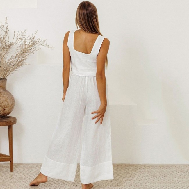 Women's Cotton Linen Daily Set U-Neck Sleeveless Top and Long Pant 2Piece Set