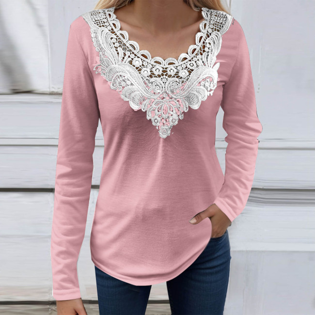 Women's Lace V-Neck Solid Long Sleeve Casual T-Shirt
