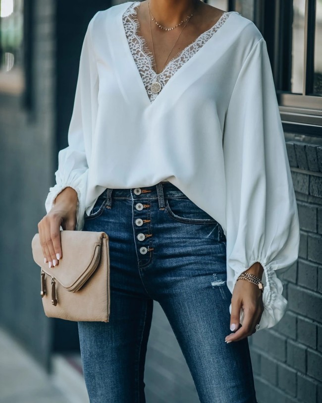 Women's Lace V-Neck Loose Casual Blouse Top