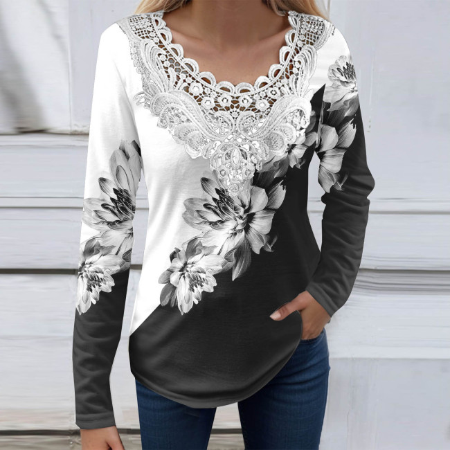 Women's Lace V-Neck Spring Floral Print Long Sleeve Casual T-Shirt