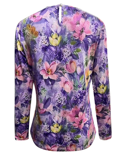 Women's Floral Top Crew Neck Lace Purple Floral Print Long Sleeve T-Shirts