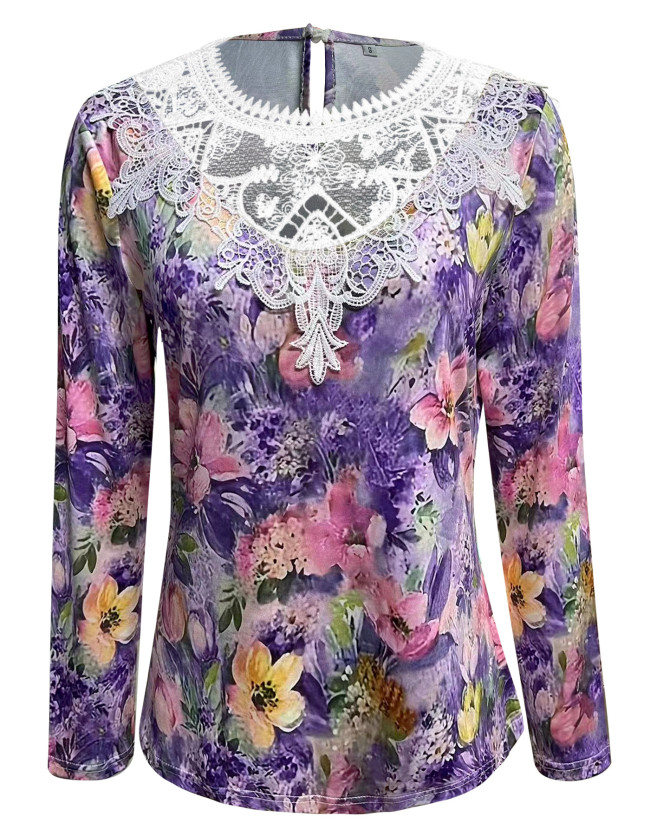 Women's Floral Top Crew Neck Lace Purple Floral Print Long Sleeve T-Shirts