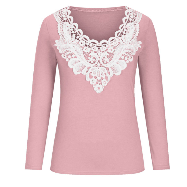 Women's Lace V-Neck Solid Long Sleeve Casual T-Shirt