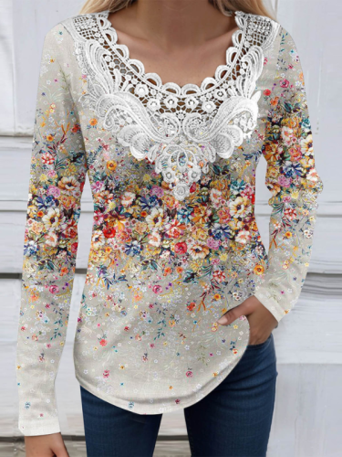 Women's Lace V-Neck Floral Print Long Sleeve Casual T-Shirt