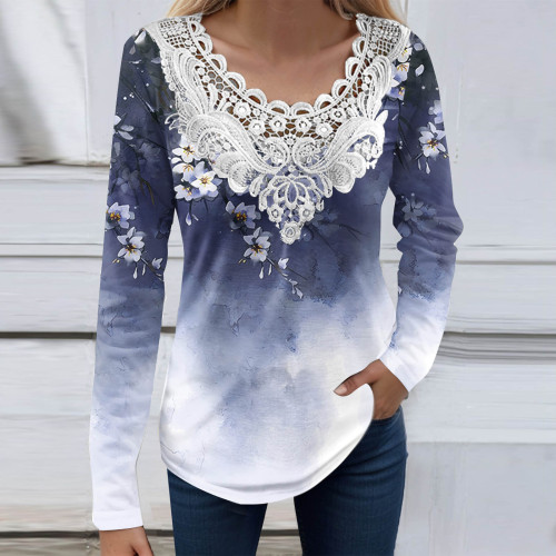 Women's Lace V-Neck Spring Floral Print Long Sleeve Casual T-Shirt