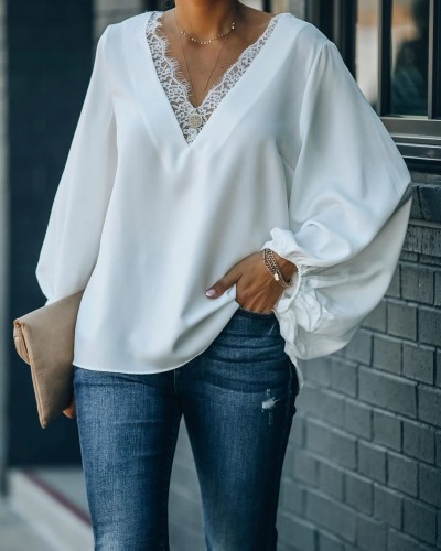 Women's Lace V-Neck Loose Casual Blouse Top