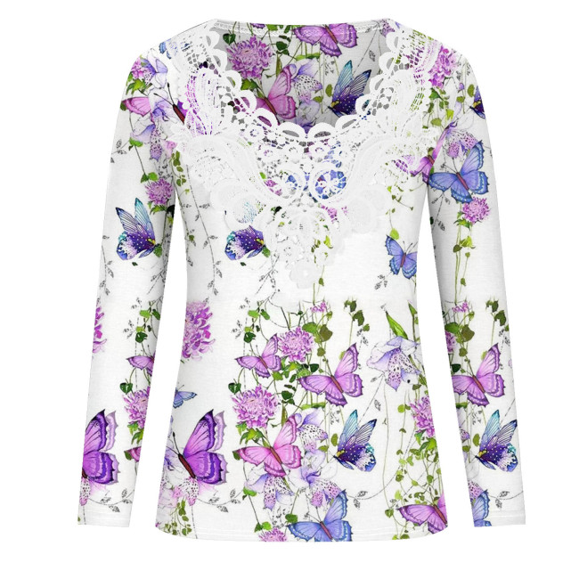 Women's Lace V-Neck Floral Print Long Sleeve Casual T-Shirt