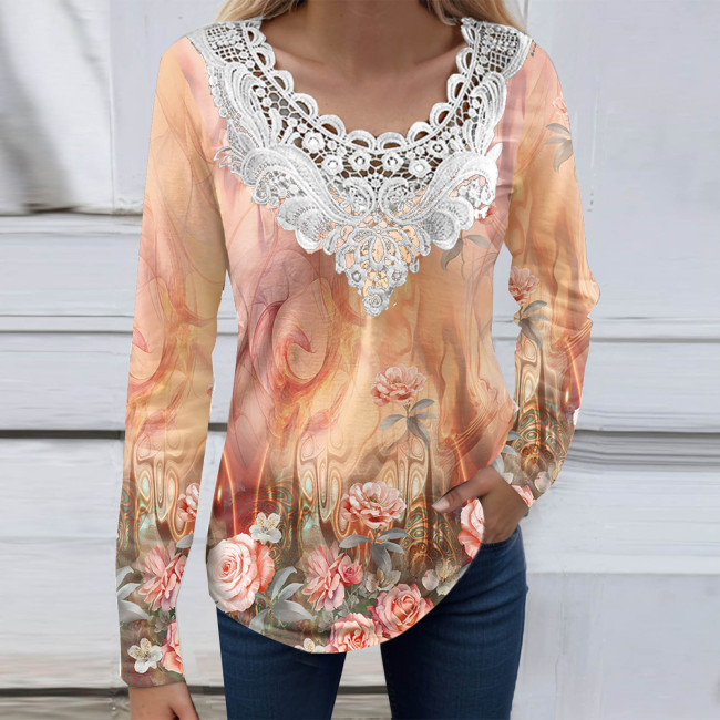 Women's Lace V-Neck Floral Print Long Sleeve Casual T-Shirt